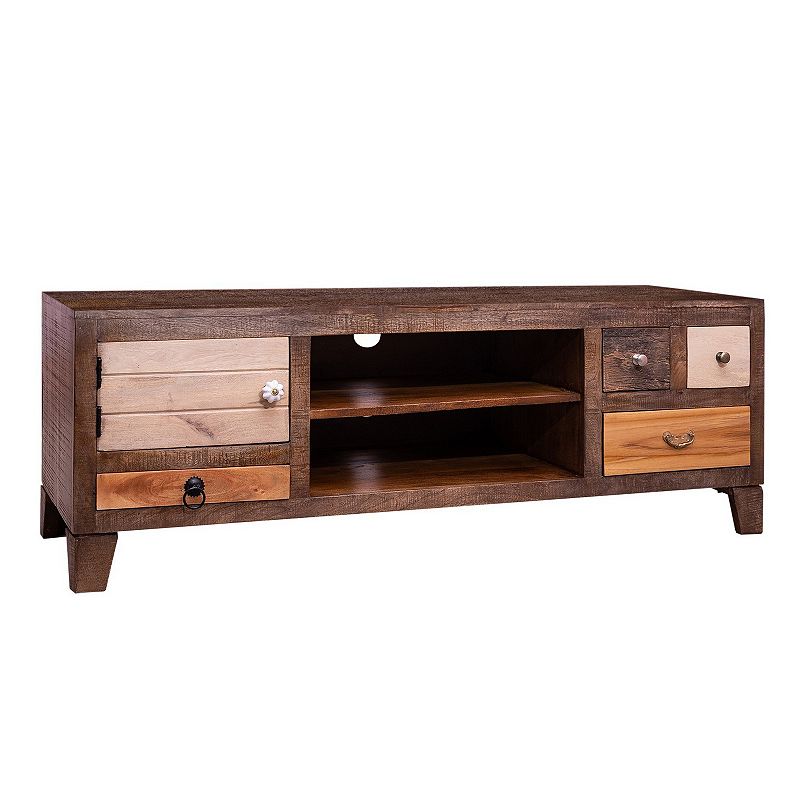 57 Inch 4 Drawer Mango Wood Media Console Cabinet， 1 Door， 2 Compartments， Brown