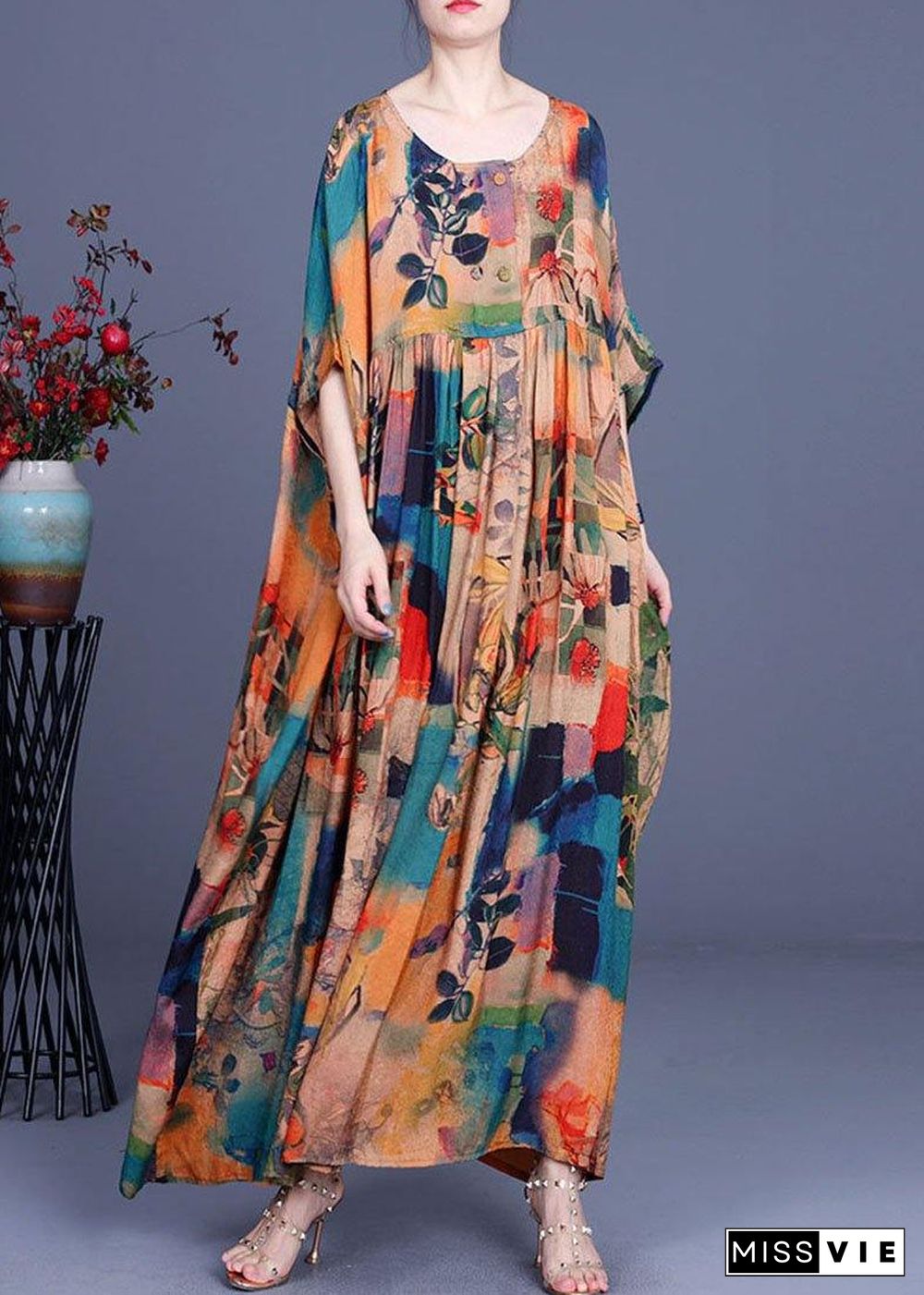 French Orange Print Button Batwing Sleeve Chiffon Summer Maxi Dresses