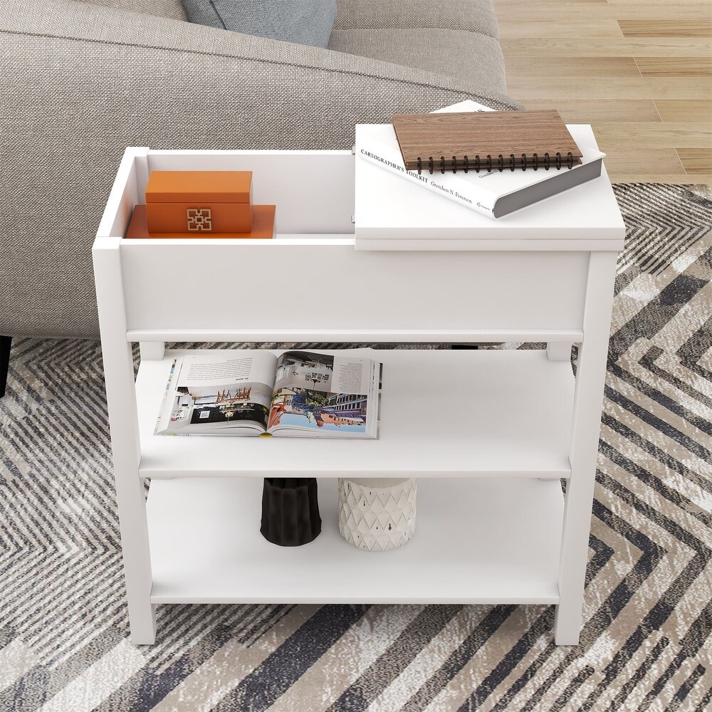 Narrow Flip Top Side Table with Drawer End Table with 2 Tiers Open Storage Shelves Sofa Table for Living Room Bedroom