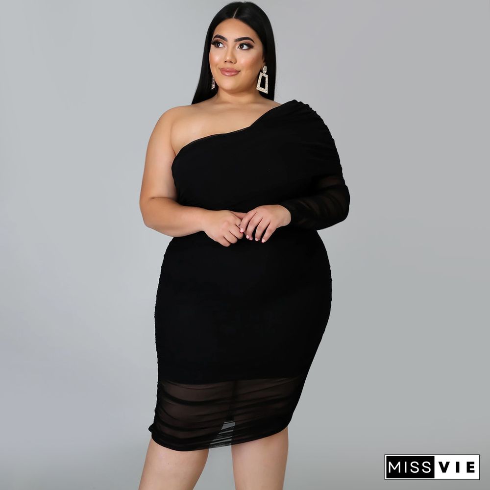 Plus Size Mesh Solid Single Sleeve Bodycon Dress