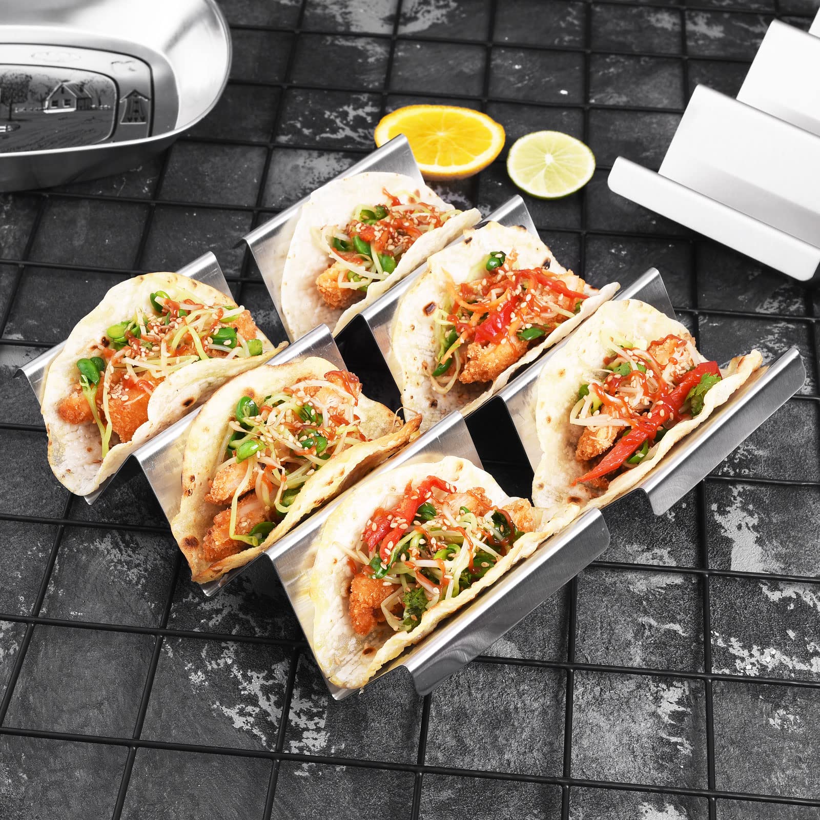 Semfri Taco Holders 2 Packs Stainless Steel Taco Stand Rack Tray Style Truck Tray Style Oven Safe for Baking Dishwasher and Grill Safe