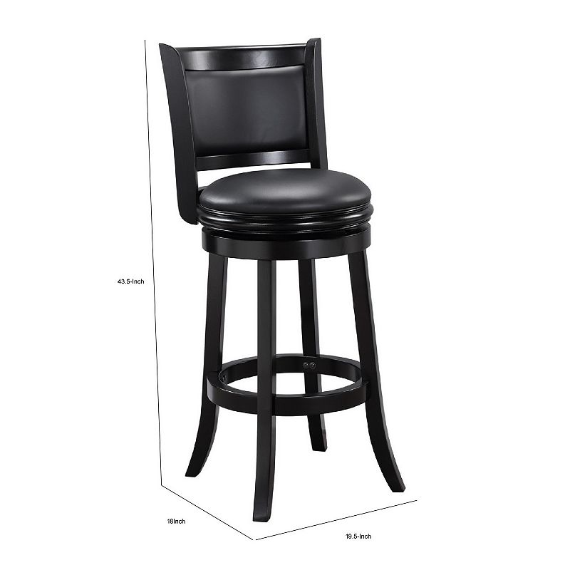 29 Inch Pio Solid Wood  Swivel Barstool， Vegan Faux Leather， Curved Backrest， Black