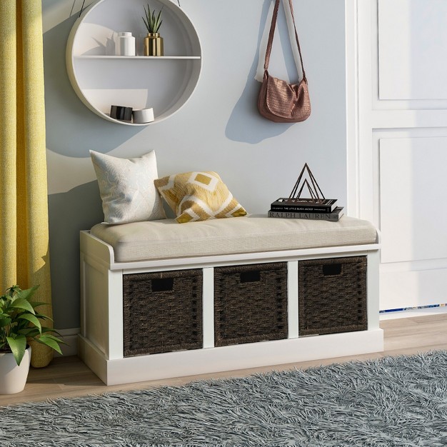 Rustic Storage Bench With Removable Cushion And 3 Removable Classic Rattan Basket modernluxe