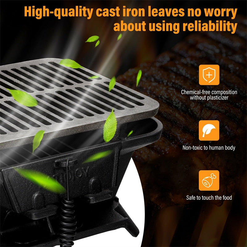 Portable Cast Iron Charcoal Grill with Double-sided Grilling Net for Camping Picnic