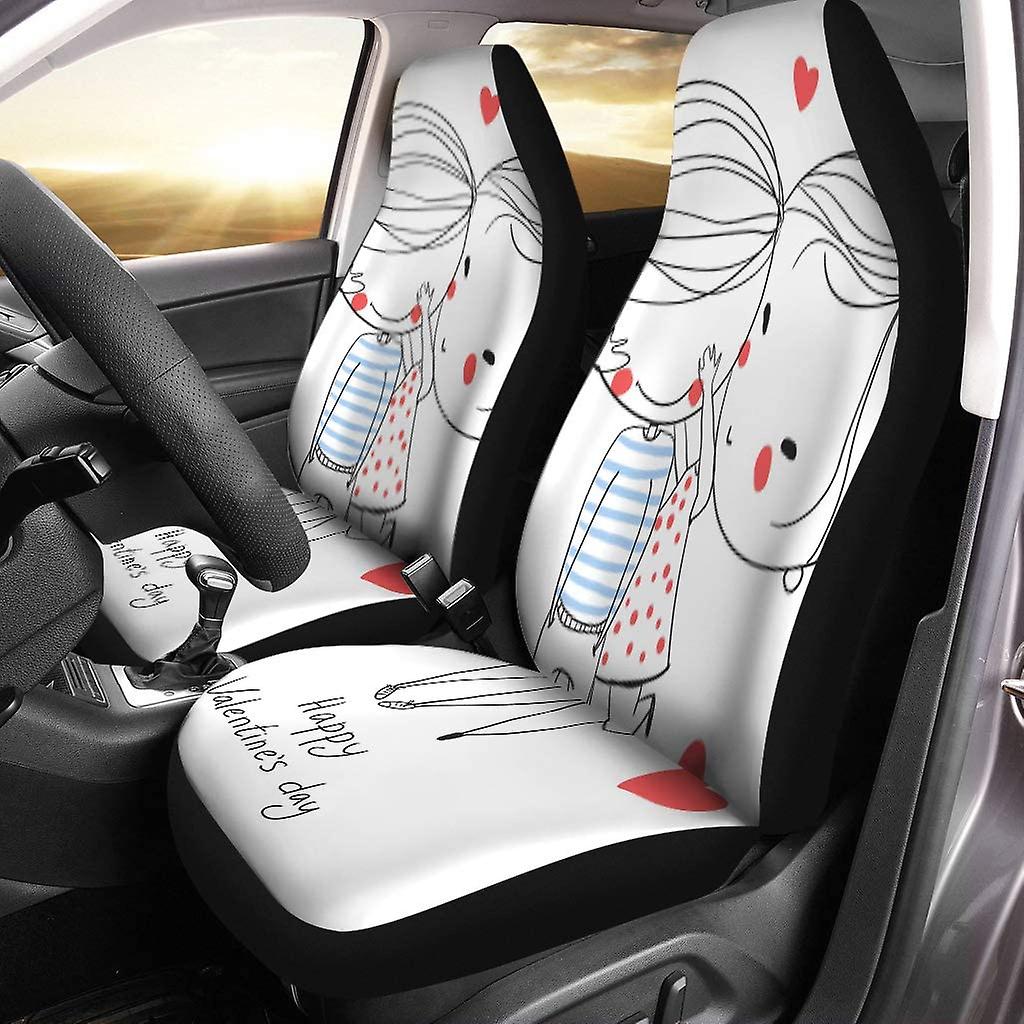 Set Of 2 Car Seat Covers Couple Valentine Day Boy And Girl Love Cartoon Happy Universal Auto Front Seats Protector Fits