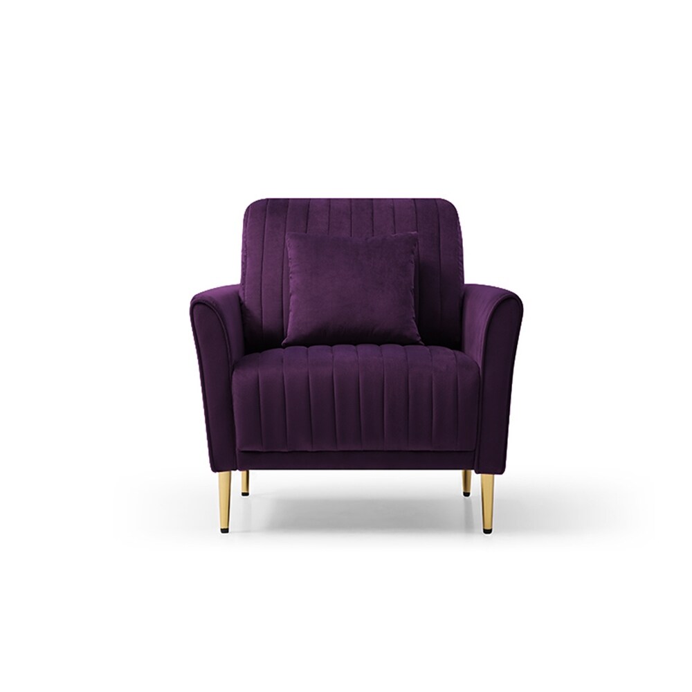 Purple Luxurious Velvet Sofa Set with Tufted Cushions (Loveseat + 2 Armchair + 4 Pillows)