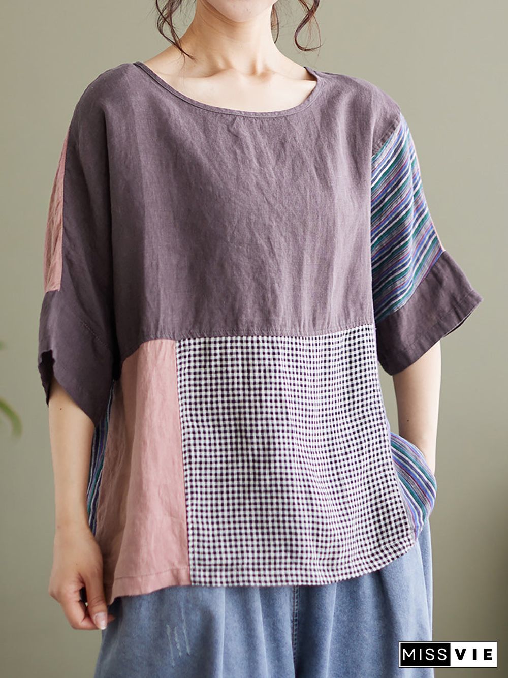 Plus Size Vintage Short Sleeve Women Linen Patchwork Loose T Shirt