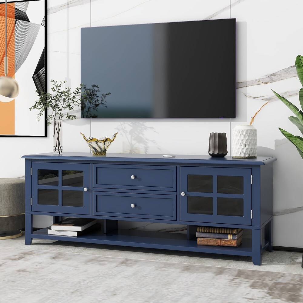 Multifunctional Storage TV Stand for Livingroom  Slight Design Entertainment Center with 2 Drawers and 2 Tier Shelves  Blue