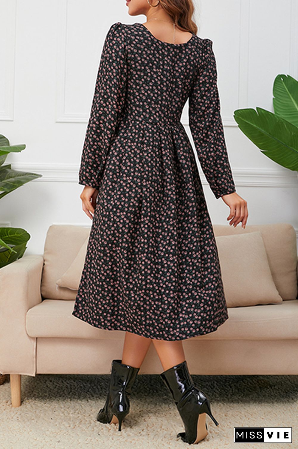 Elegant Floral Split Joint Square Collar A Line Dresses