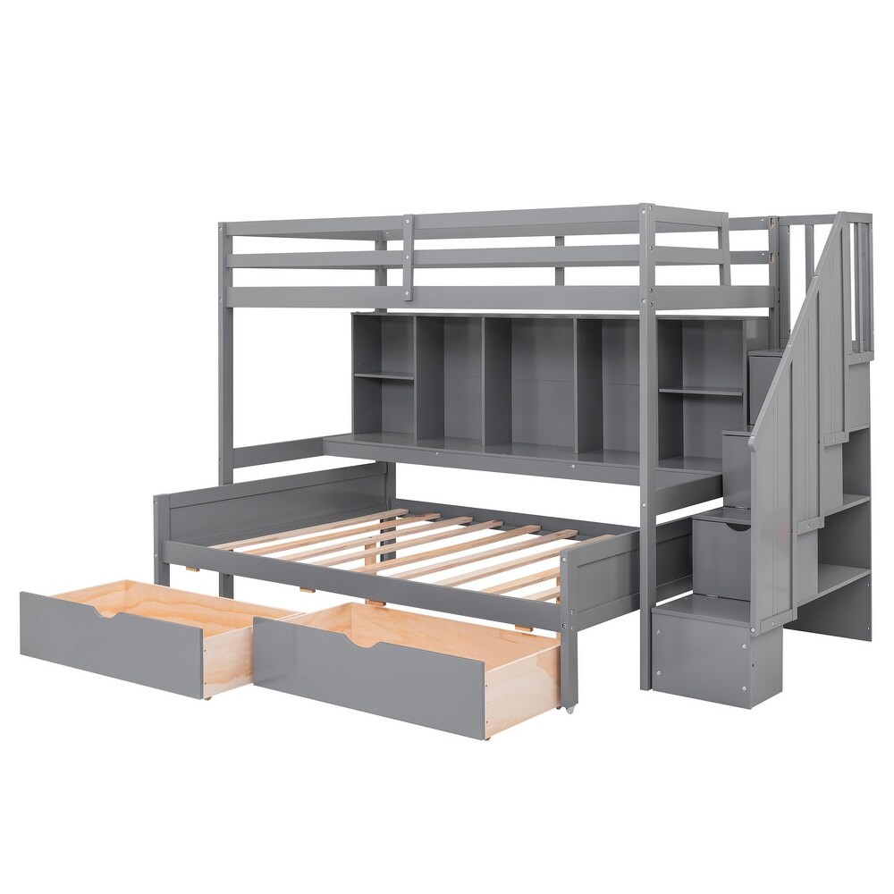 Gray Twin XL over Full Bunk Bed with Built in Storage Shelves  Drawers and Staircase  97.2''L*118.3''W*66.1''H  286.5LBS