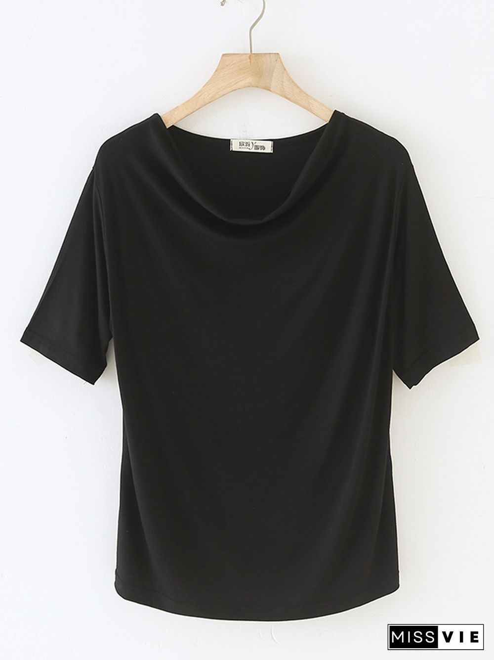 Short Sleeves Pleated Solid Color Heaps Collar T-Shirts Tops