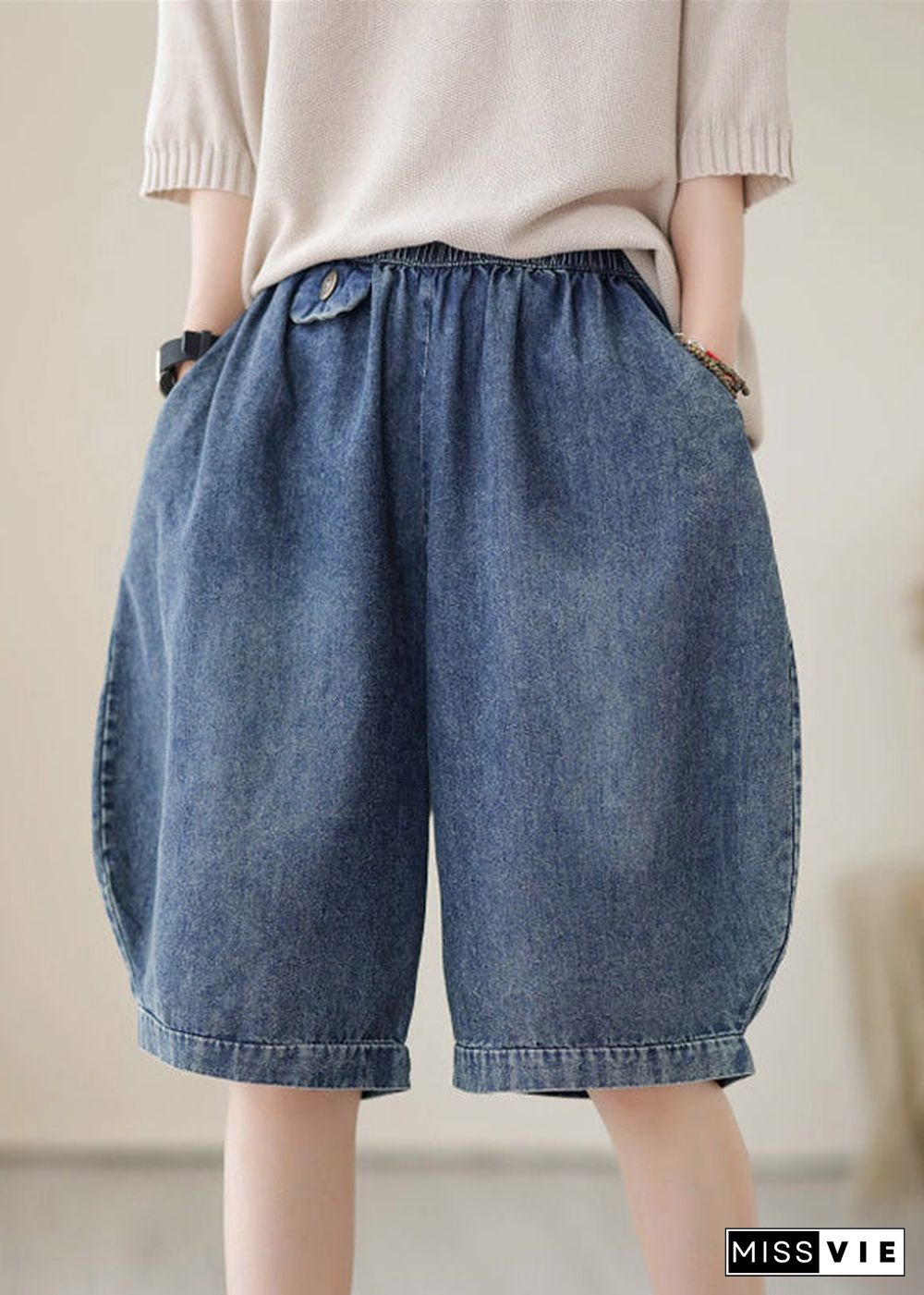 Simple Black Elastic Waist Pockets Solid Cotton Shorts Summer