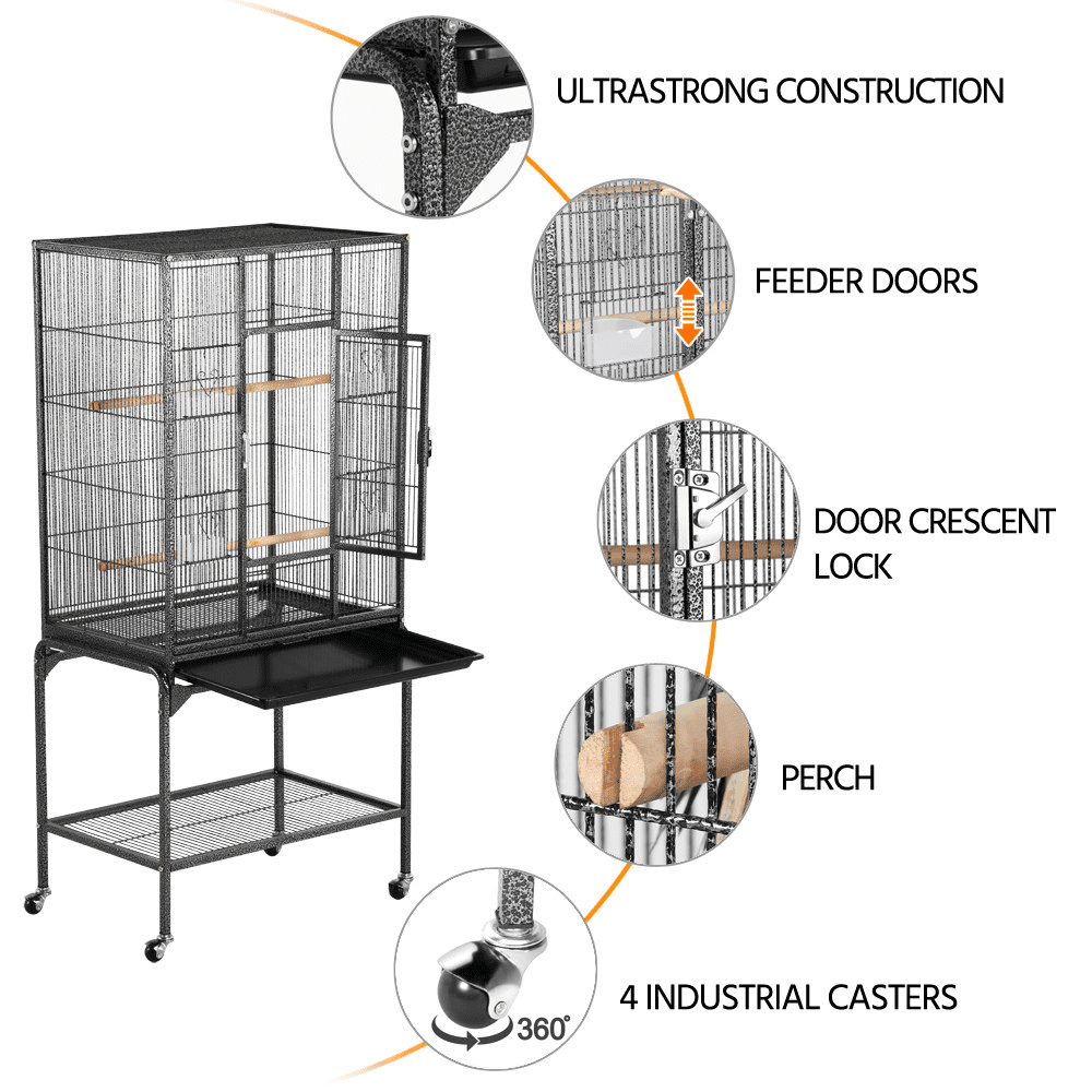 Topeakmart 54''H Large Rolling Metal Parrot Cage Bird Cage with Detachable Stand for Conures Parakeets Cockatiels， Hammered Black