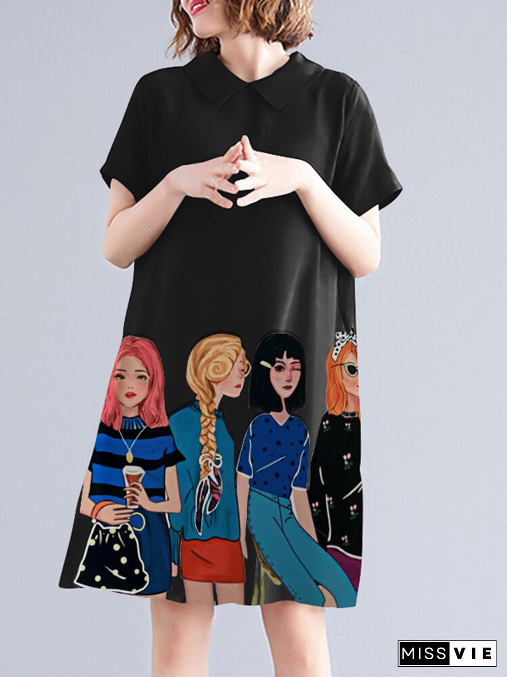 Character Print Pocket Doll Collar Short Sleeve Casual Midi Dress