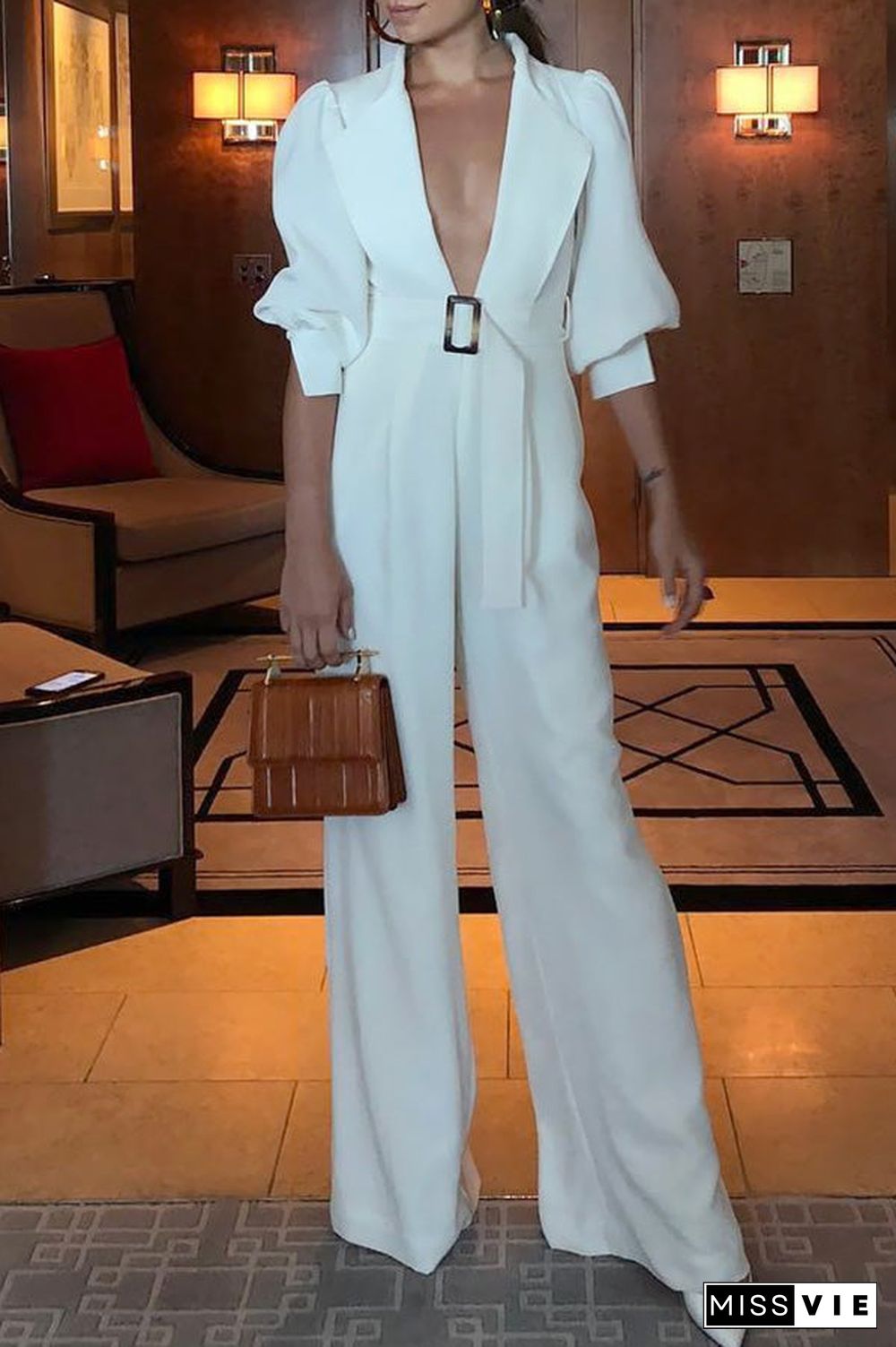 White V-neck Belt Wide-leg Jumpsuit