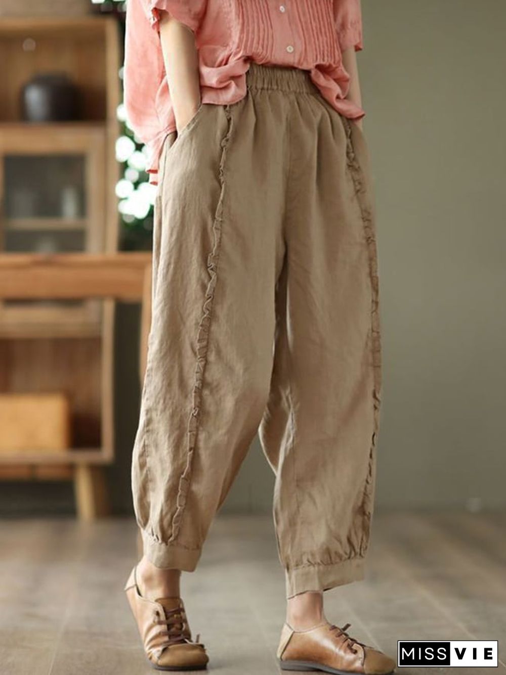 Cotton Linen Retro Wood Ear Stitching Casual Pants