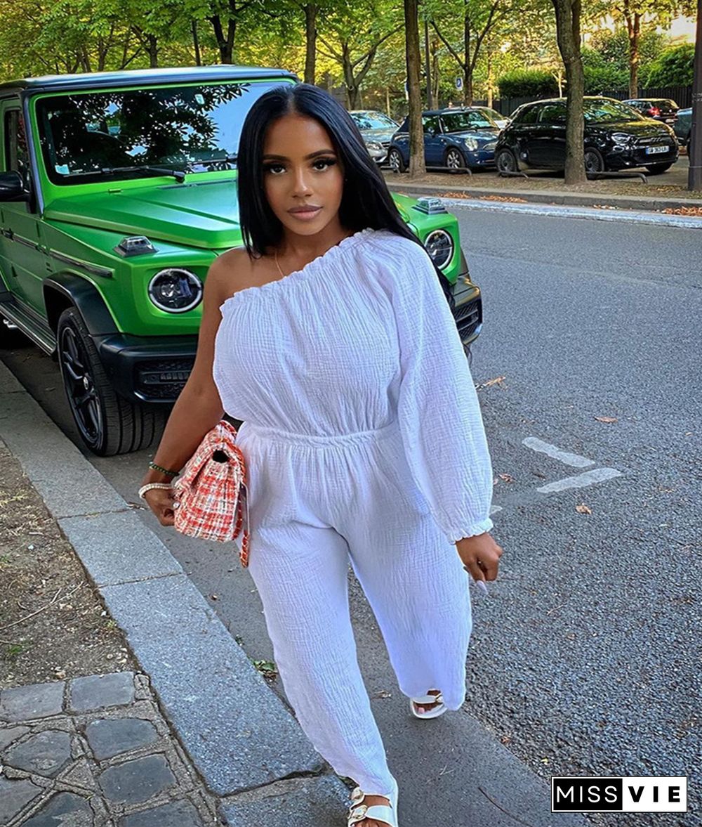 One Shoulder Long Sleeve Loose Wide Leg Jumpsuit