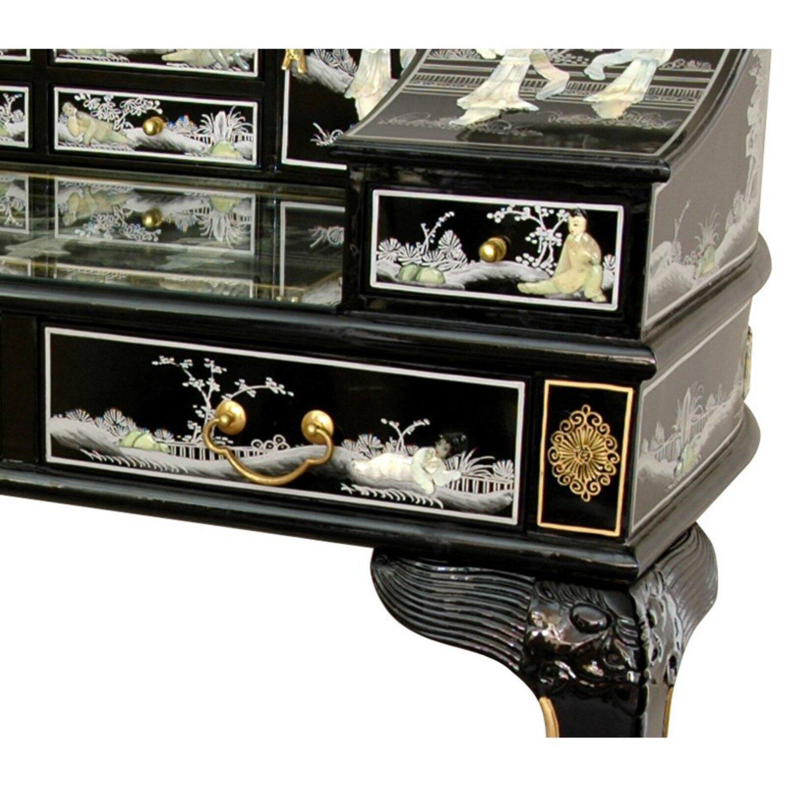 Oriental Furniture Black Lacquer Ladies Desk with Gold Chinoiserie