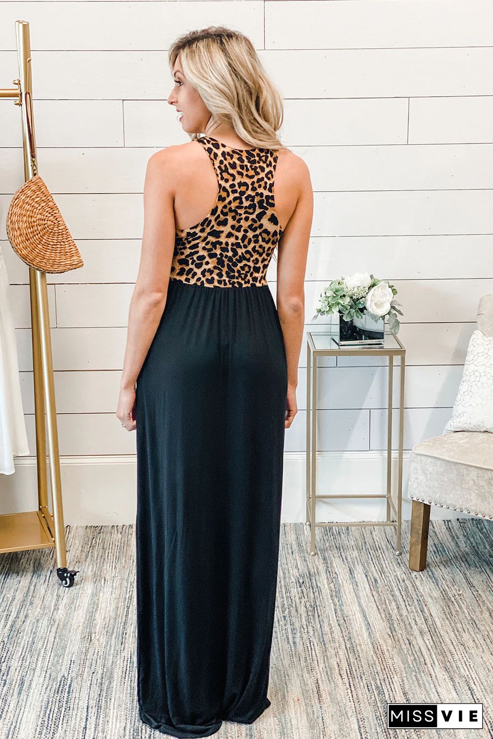 Sleeveless Leopard Bodice Maxi Dress with Pockets