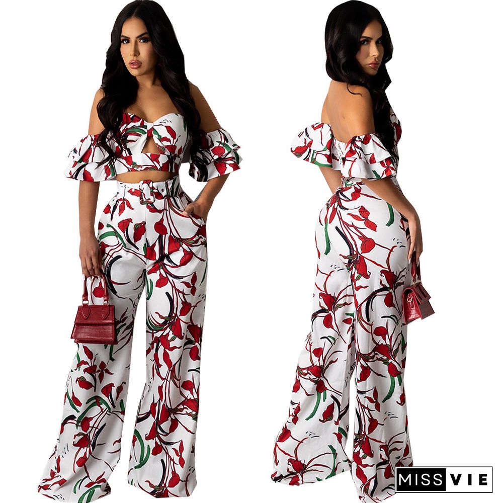 Casual Floral Printed Off Shoulder Short Sleeve Crop Tops Long Pants Street Wear Summer Two Piece Set