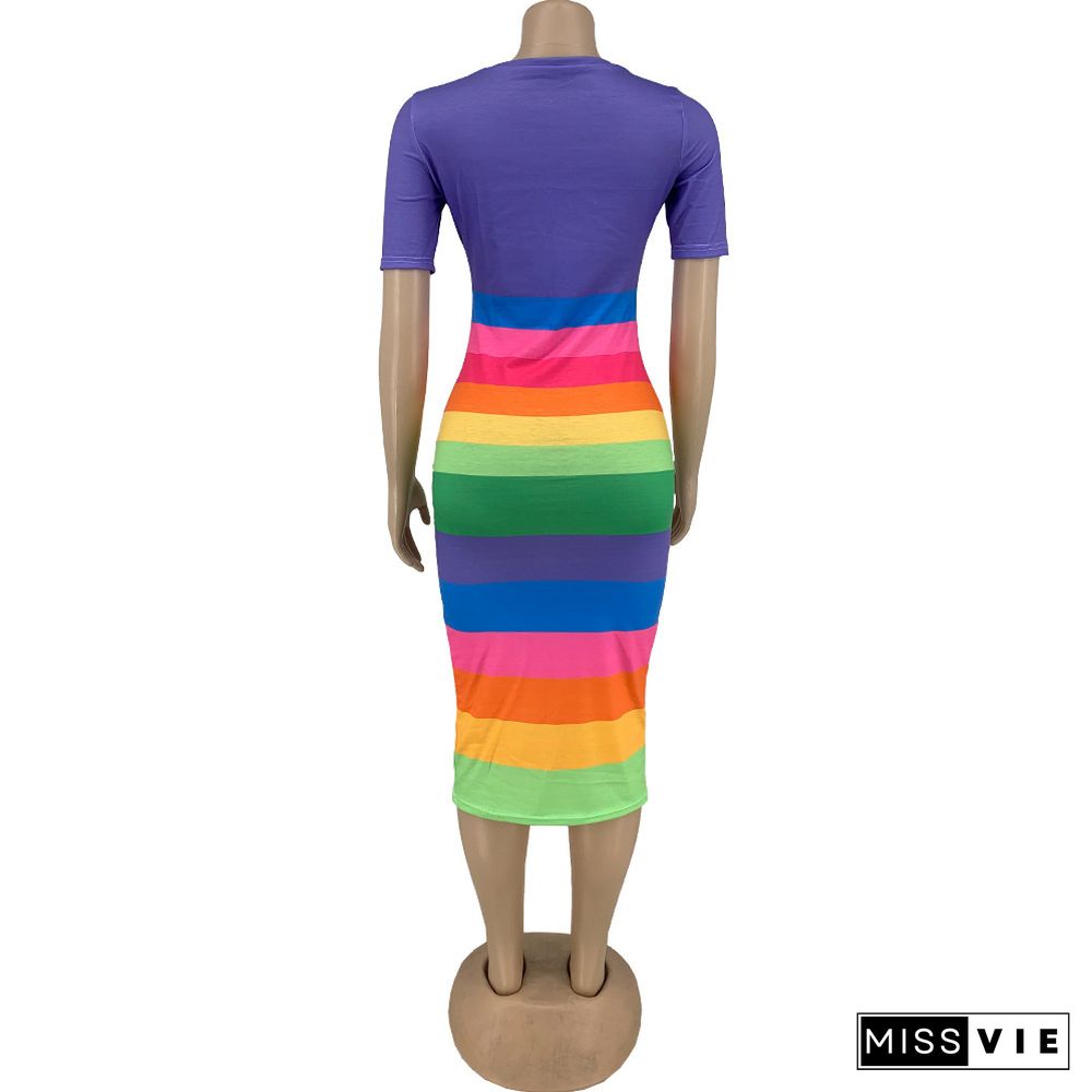 Rainbow Striped Print Body-shaping Short Sleeve Dress