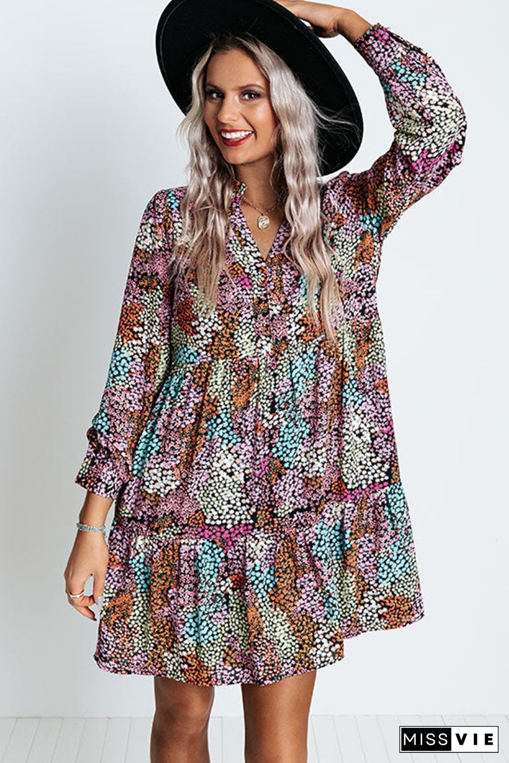 Multicolor Floral Print High Waist V Neck Shirt Dress