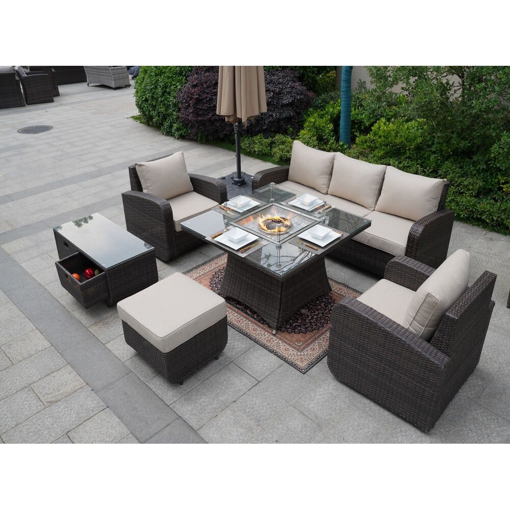 Outdoor Sofa Set Wicker Patio Sectional Furniture with Fire Pit Table