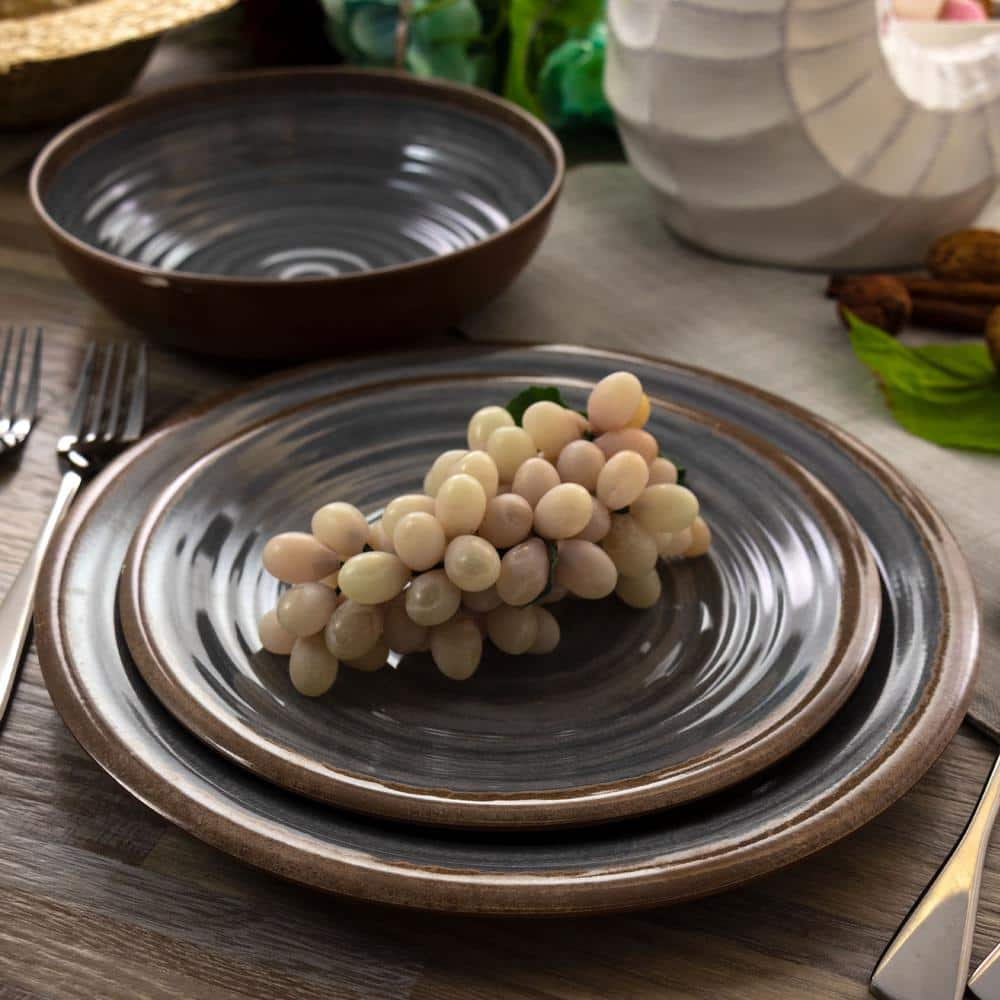 Elama 12-Piece Stone Oak Black Lightweight Melamine Dinnerware Set (Service for 4) 985114987M