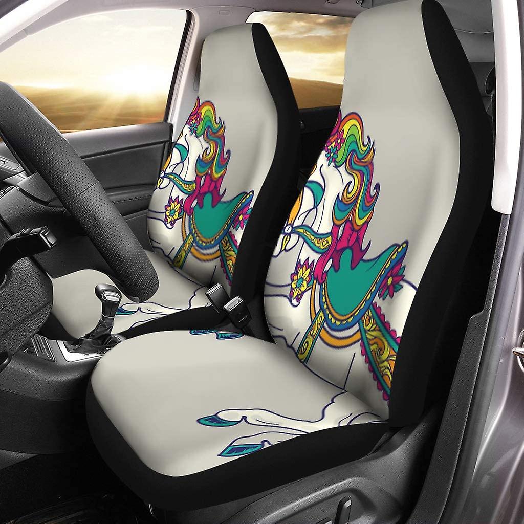 Set Of 2 Car Seat Covers Colorful Of Horse On Carousel Horses Pattern Amusement Park Universal Auto Front Seats Protector Fits