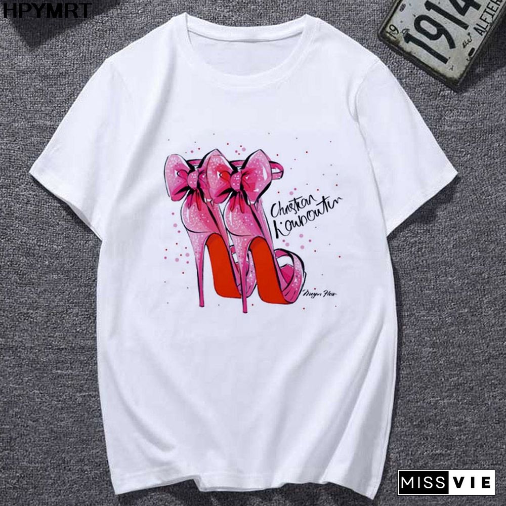 Summer Newest T-Shirts Women Watercolor High Heels Printed Femme T-shirt