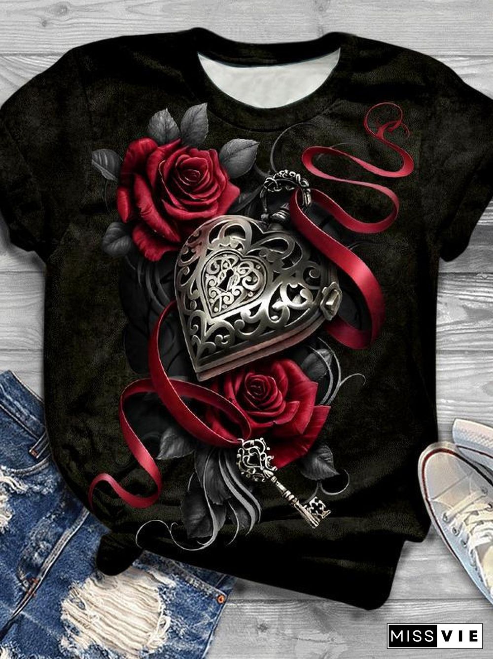 Heart Locket Rose Print Crew Neck T-Shirt