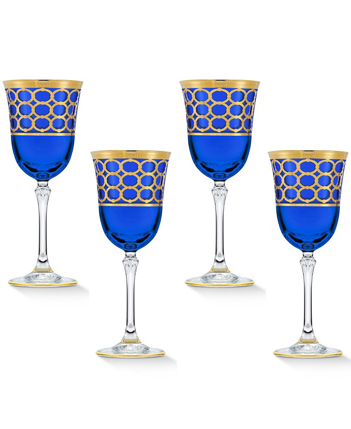 Lorren Home Trends Cobalt Blue Red Wine Goblet with Gold-Tone Rings Set of 4