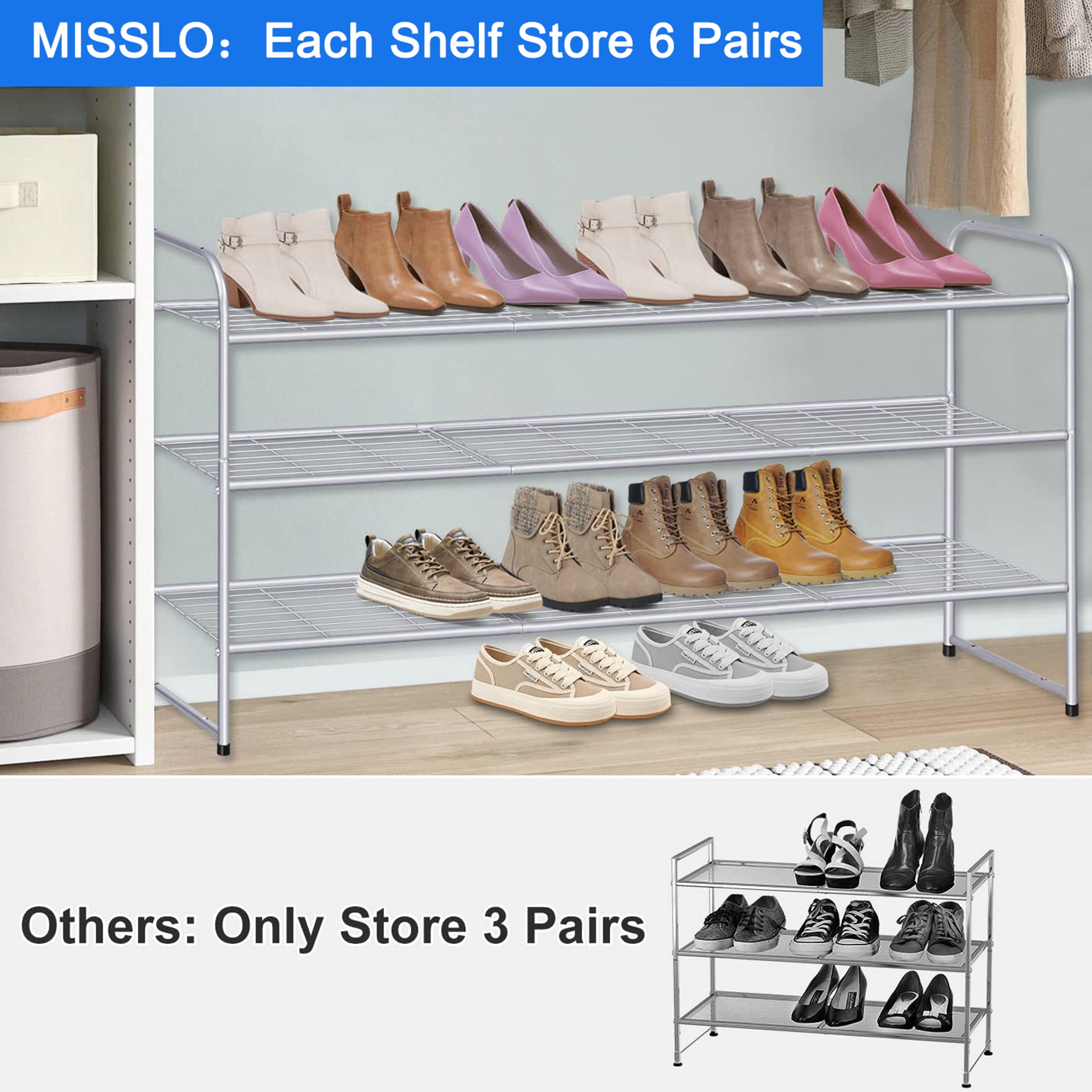 MISSLO 3 Tier Metal Long Shoe Rack Wide Shoe Shelf with Wire Grid for Closet Entryway Storage 24 Pairs Men Sneaker Organizer， Grey