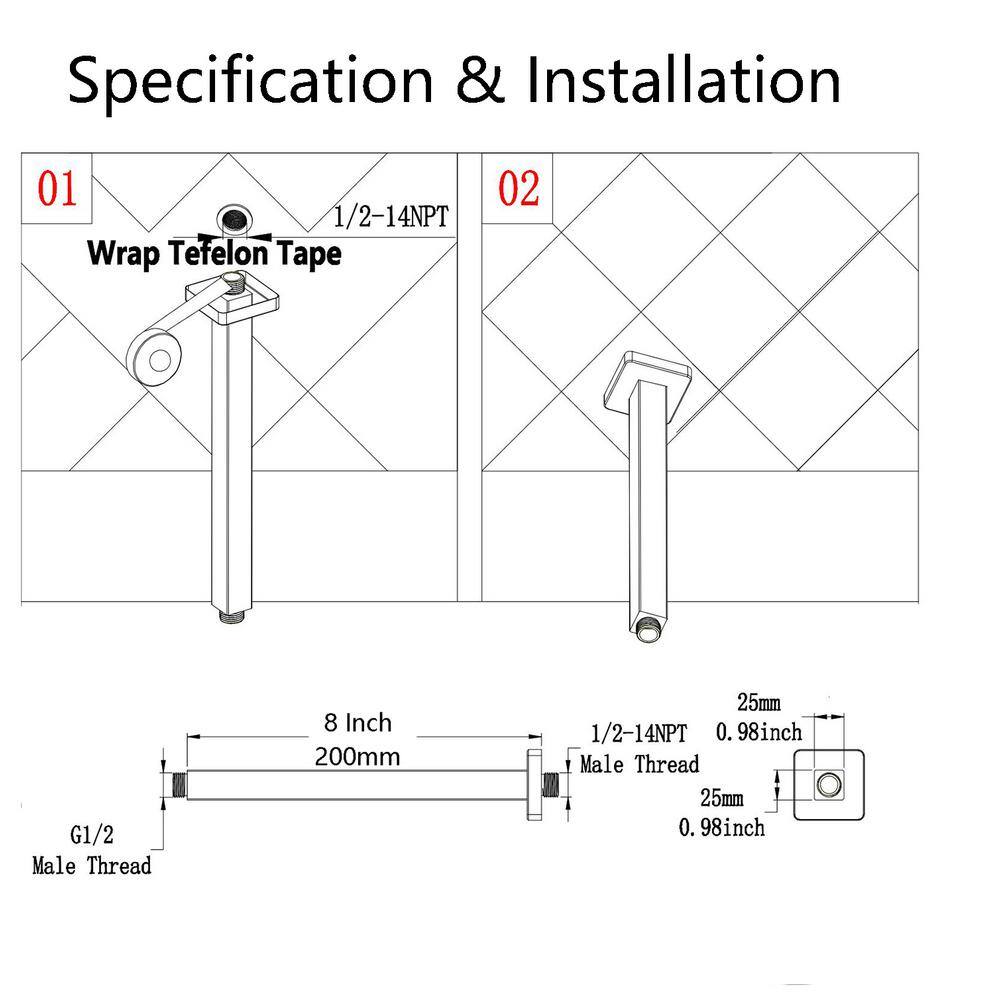 RAINLEX 8 in. Square Ceiling Mount Shower Arm and Flange in Matte Black L3H-200