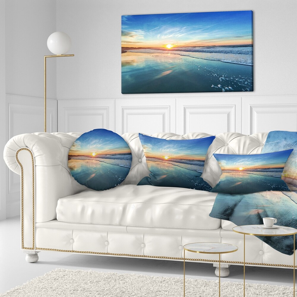 Blue Seashore with Distant Sunset   Seashore Canvas Wall Art