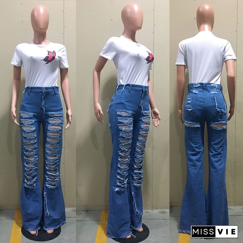 Casual Broken Hole Burning Mid-Waist Street Horn Jeans Pants