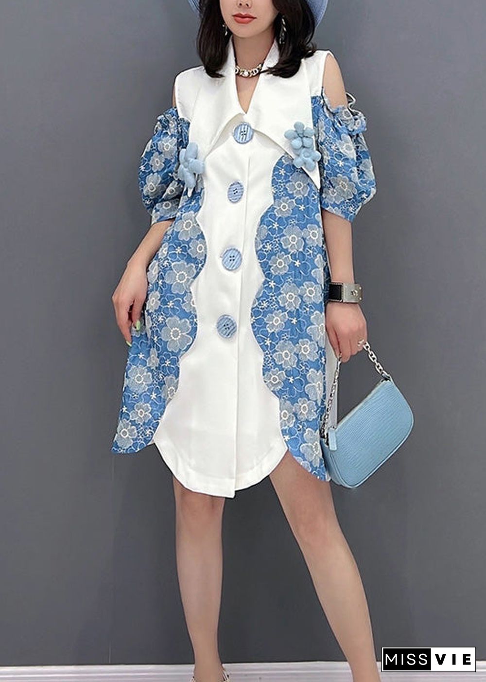 Cute Women Blue Peter Pan Collar Print Button Shirts Mid Dress Sleeve