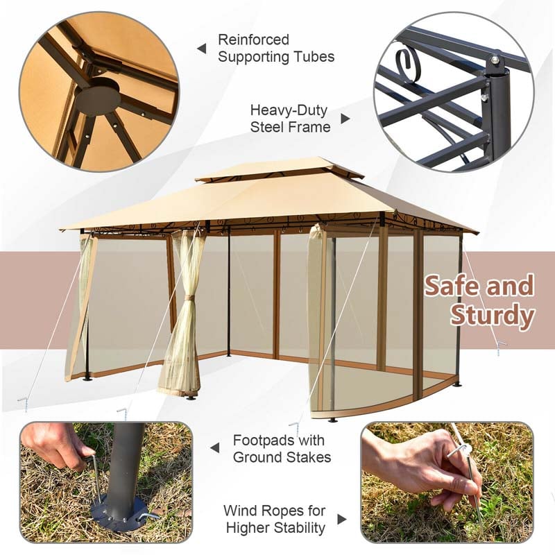 10 x 13 FT Steel Patio Gazebo with Mesh Curtains, 2 Tier Vented Roof Outdoor Canopy Gazebo Tent