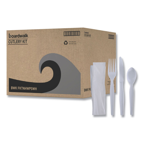 Boardwalk Four-Piece Cutlery Kit， Fork/Knife/Napkin/Teaspoon， Heavyweight， White， 250/Carton (FKTNHWPSWH)