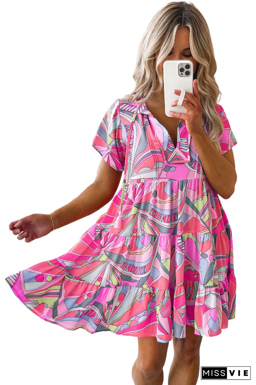 Pink Abstract Geometric Print Tassel Tie Flared Dress