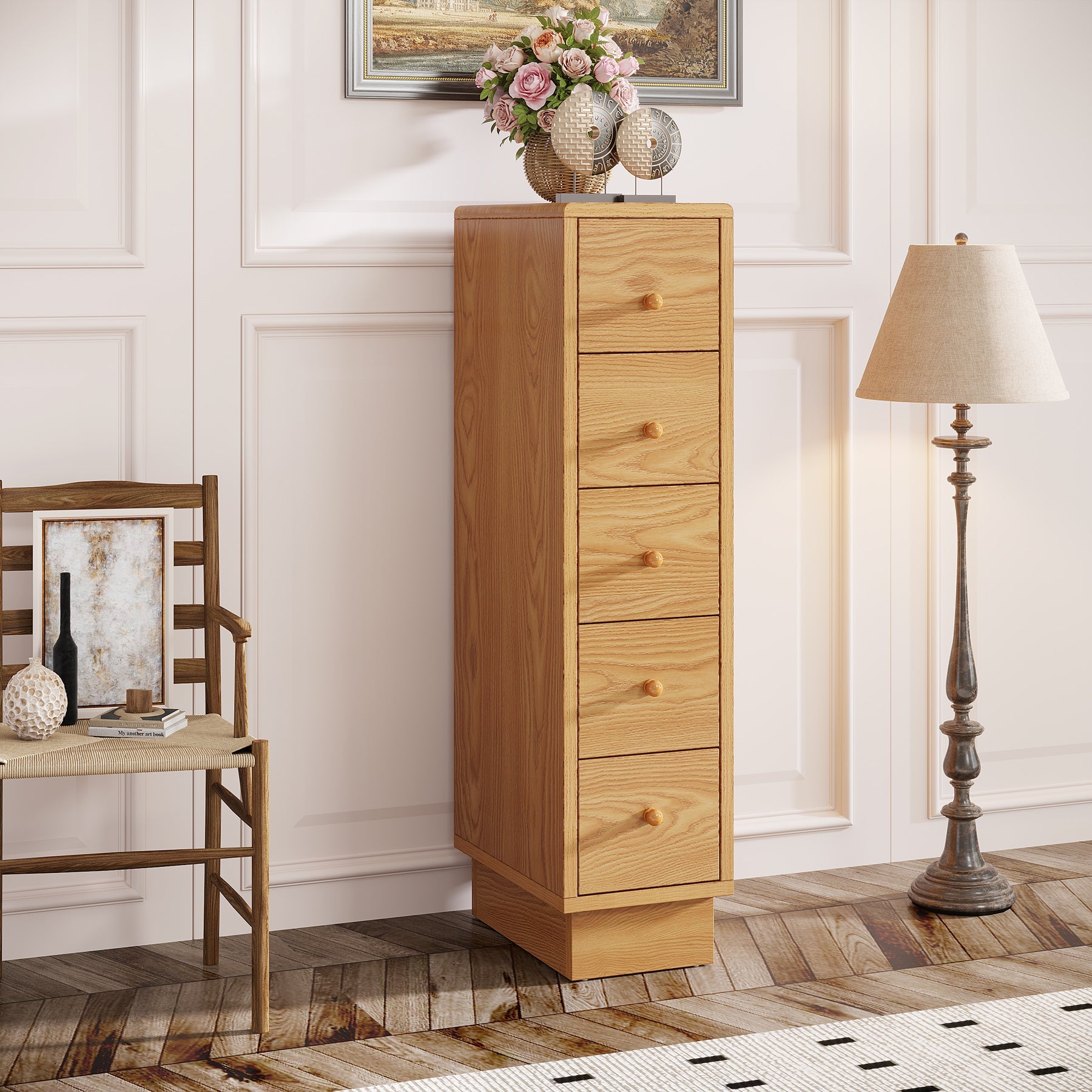 5-Drawer Chest, Wood Narrow Dresser Storage Chest of Drawers