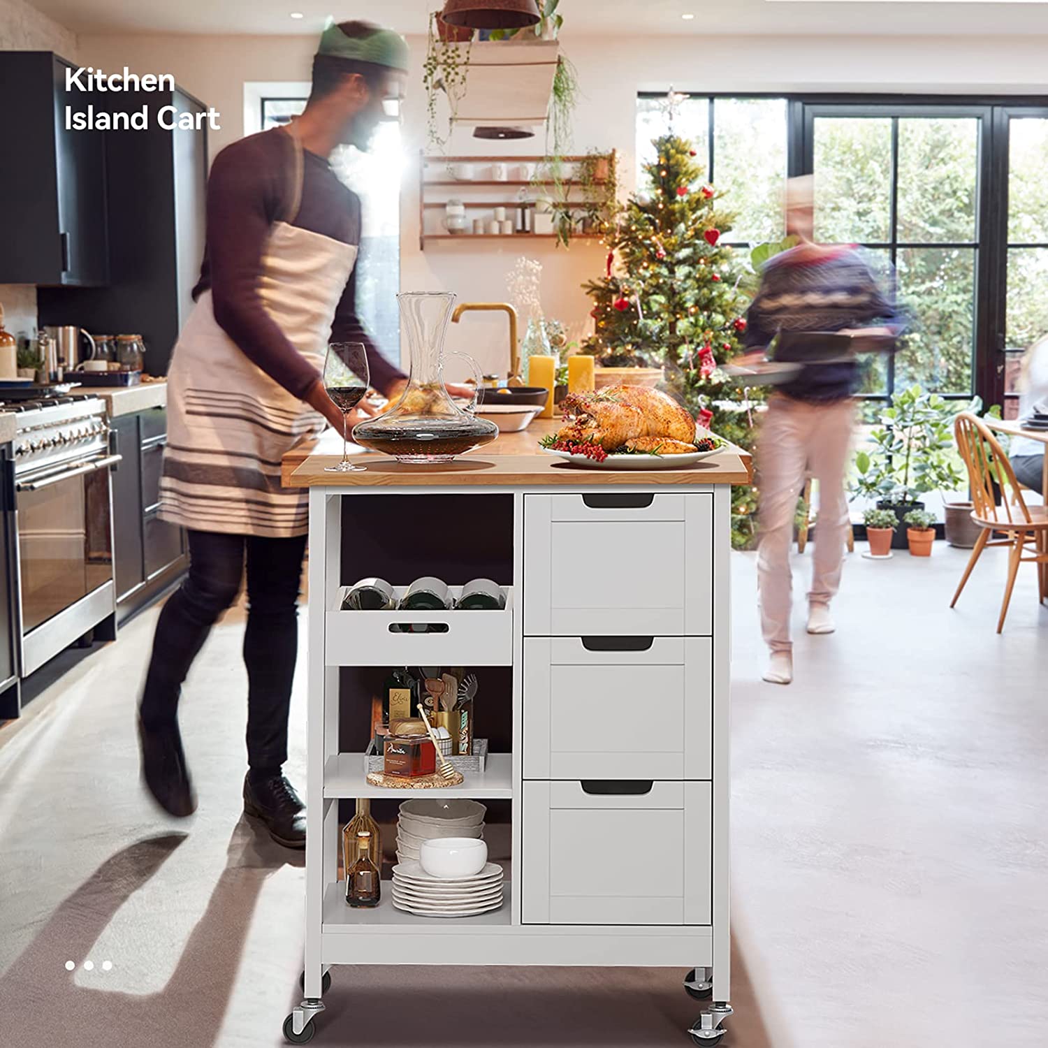 DWVO Kitchen Island Cart with Storage， Rolling Serving Utility Trolley Cart On Wheel with 3 Drawers and 3 Storage Shelves， White