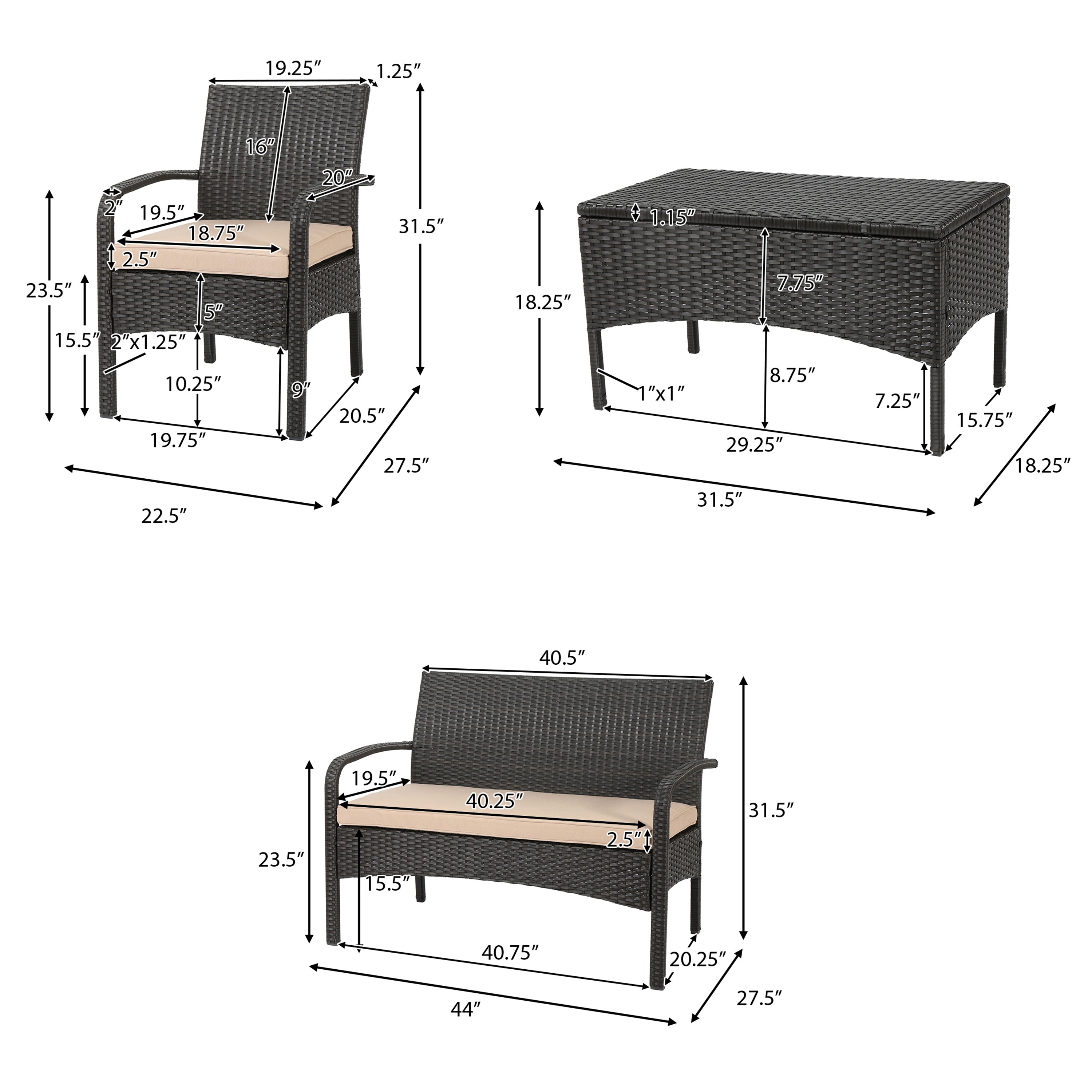 Mavis Patio Conversation Set, 6-Seater with Loveseat, Club Chairs, and Coffee Table, Brown Wicker with Tan Outdoor Cushions