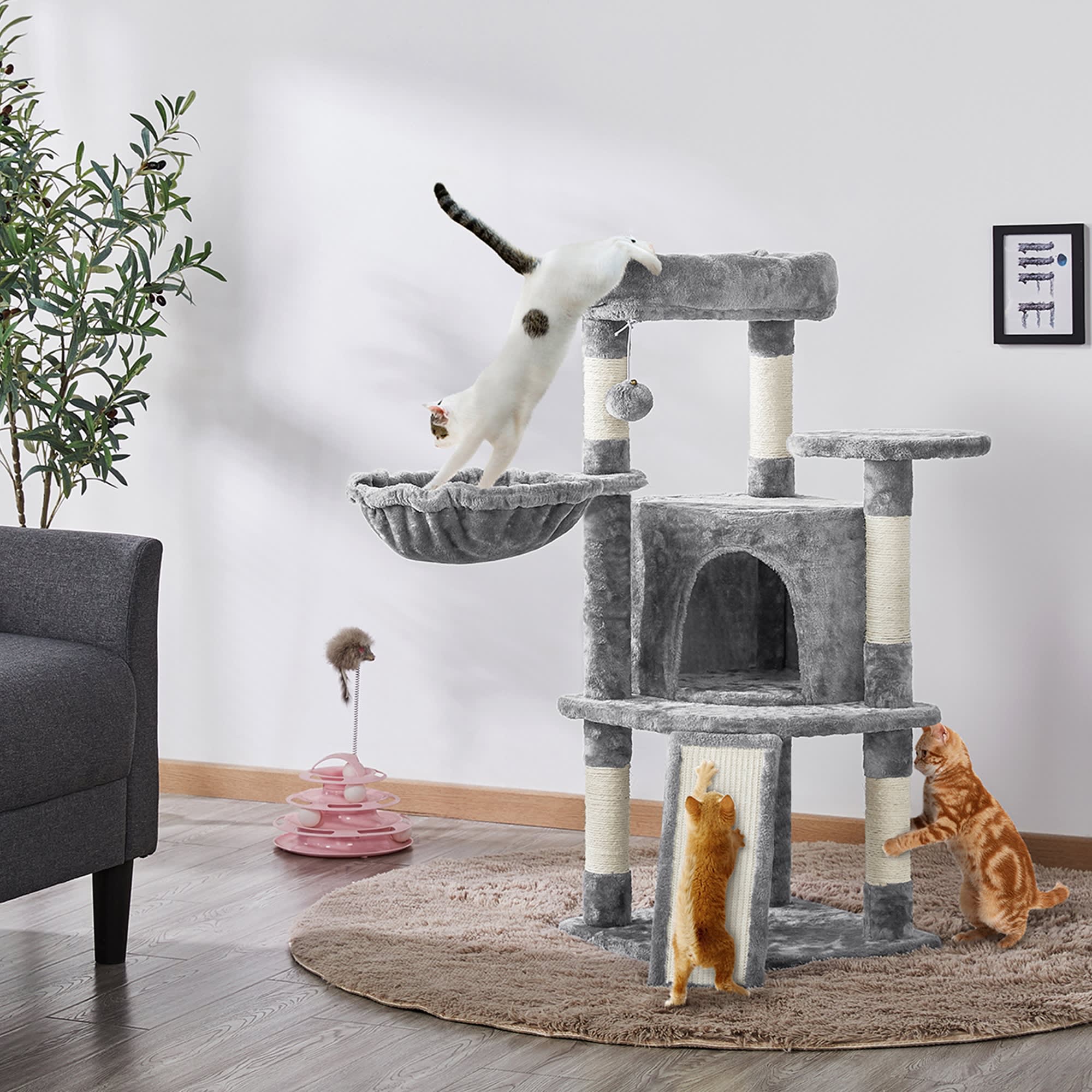 TOPEAKMART Light Gray Medium Plush Cat Tree Condo with Basket， 42