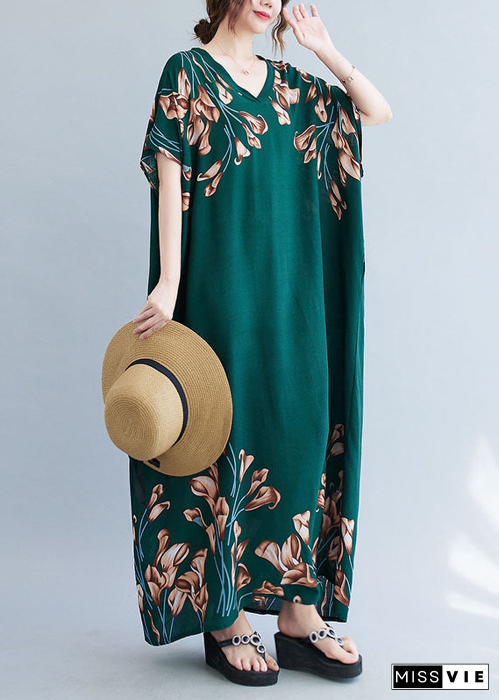 French Blackish Green V Neck Print Cotton Loose Maxi Dress Batwing Sleeve