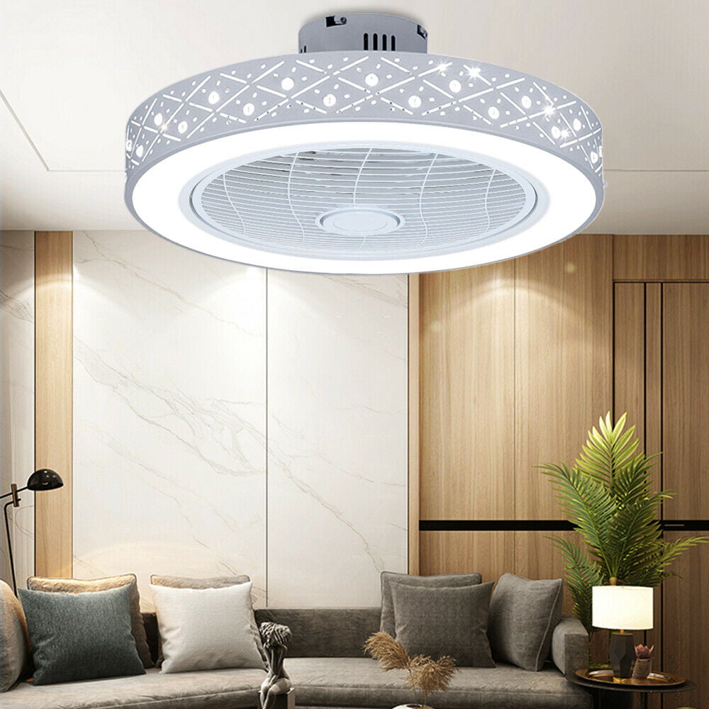 Anqidi Enclosed Round Ceiling Fan Light Invisible Dimmable Pendant Fan Light Semi Flush Mount Chandelier w/Remote (Pineapple Bead)