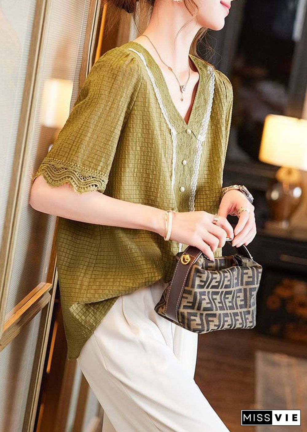 Classy Yellow V Neck Lace Nail Bead Patchwork Cotton Shirt Summer