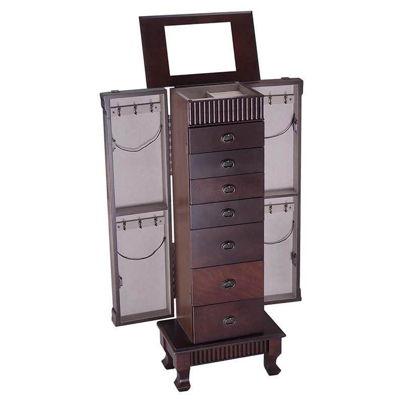 Large Capacity Standing Jewelry Armoire Cabinet Storage Chest with 7 Drawers, 2 Swing Doors & Makeup Mirror