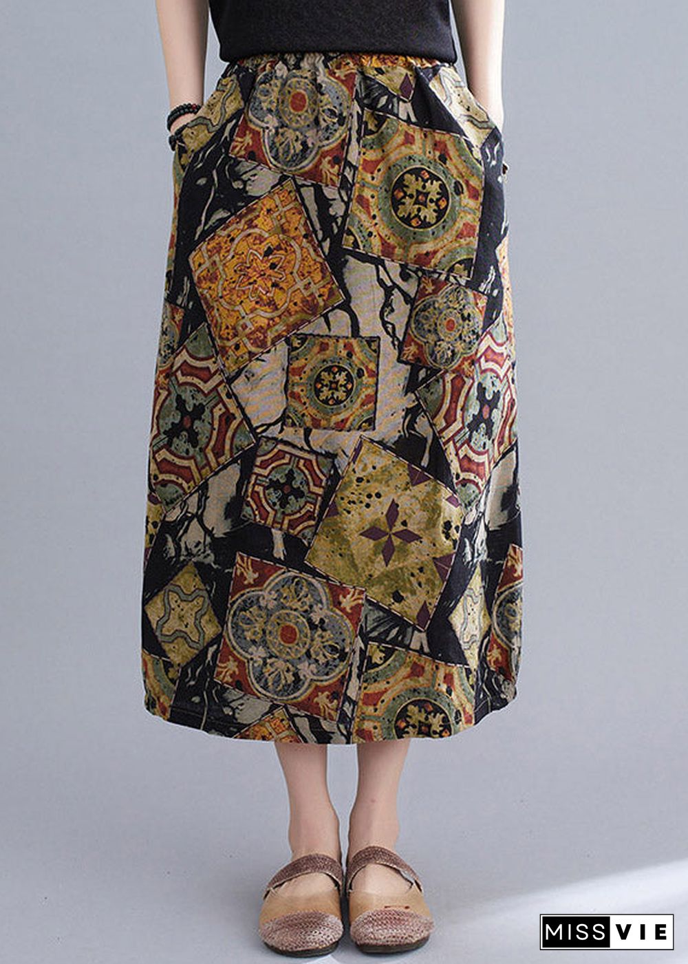 Stylish Black Apricot Print Cotton Long Skirts Summer