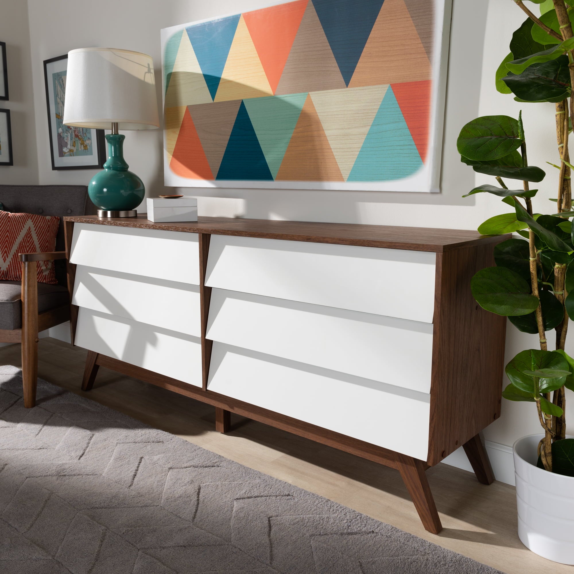 Halfrida Modern White and Walnut Wood 6-Drawer Dresser by Bellamy Studios